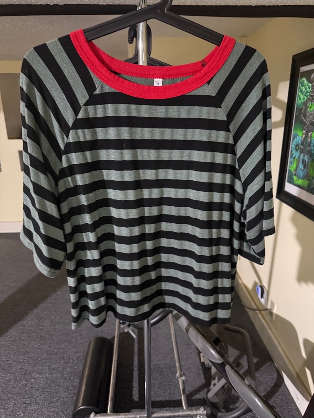 Casual Black and Sage Striped Women’s Top with Red Trim